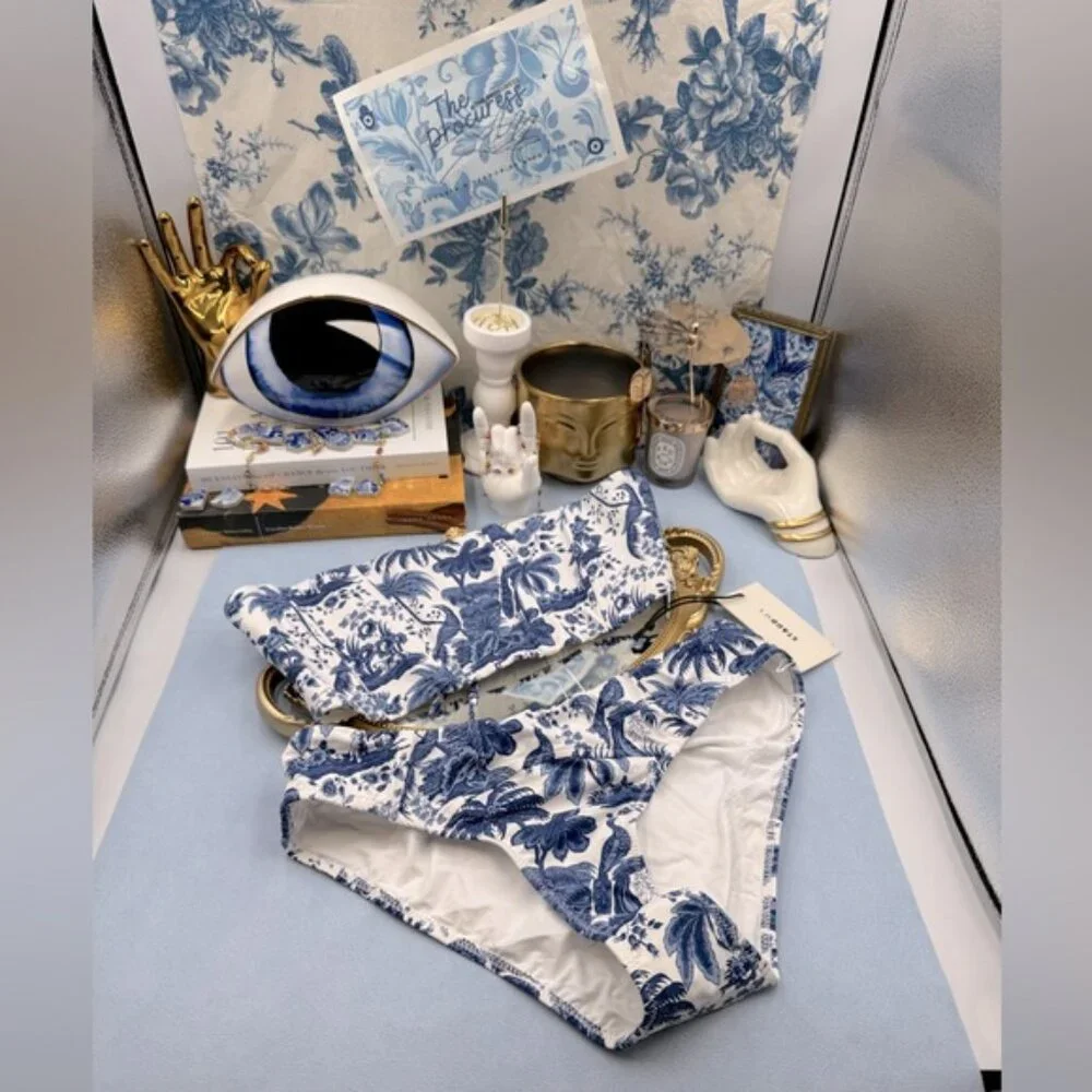🆕 STAUD 🧿 NWT Blue Toile Bikini Set, Mala Top & Corsage Bottom - Sz L - Blue - Picture 2 of 16